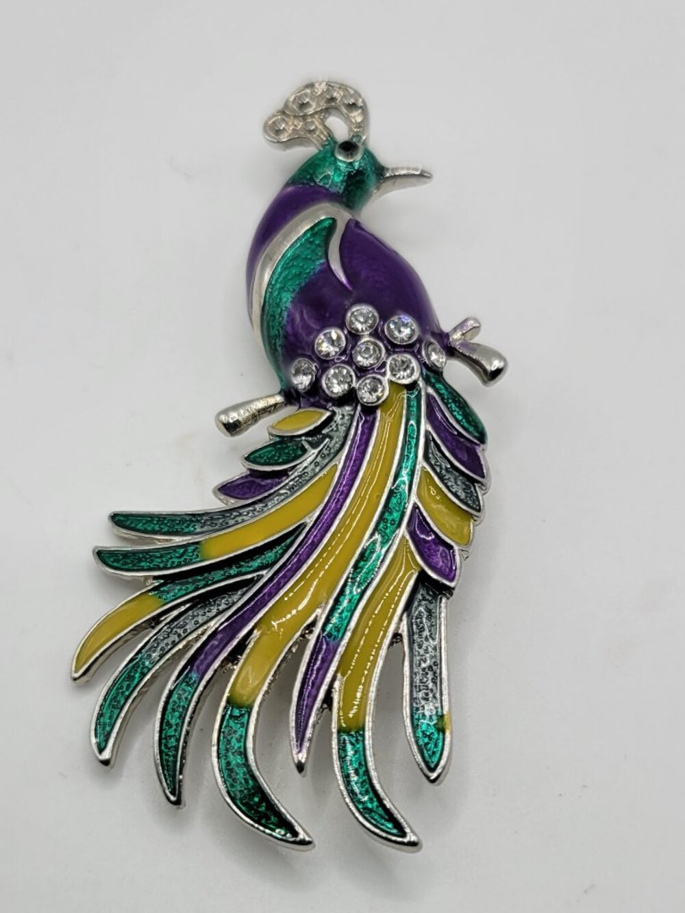 Peacock Enamel Brooch Pin Purple Green Yellow With Rhinestones